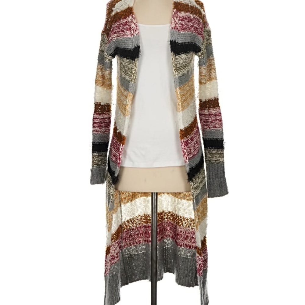 Sun & Shadow Long Open-Front Striped Cardigan in Pink, Gold, Gray & Black
